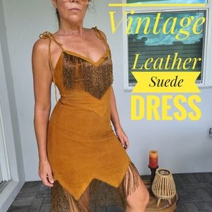 Western leather suede, kasey musgraves vibes,lace up,fringe bead vintage dress S